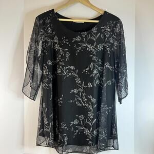 SeSe Code Womens L Flowy Layered Black Floral Mesh Lined Top Elbow Sleeve Dressy